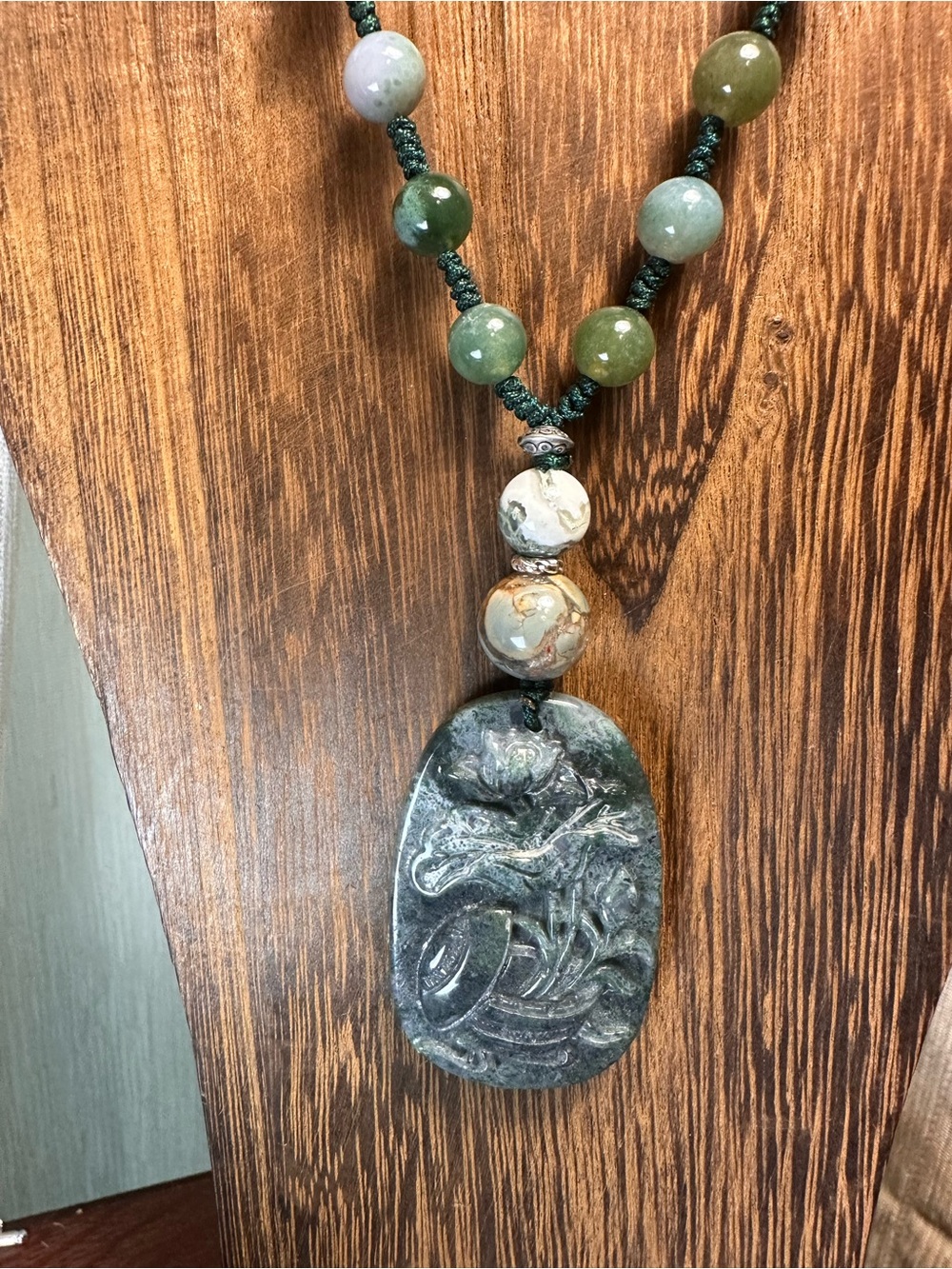 Moss Agate Potted Flower Carving Pendant  Necklace on Colorful Beaded Rope - Picture 11 of 13